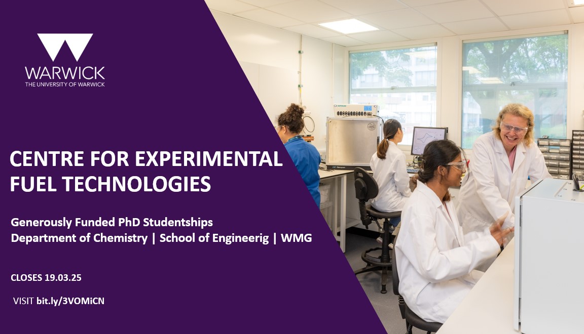 <a href="/warwickchem/">Warwick Chemistry</a>  is currently recruiting to six generously funded PhD Studentships within the Centre of Experimental Fuel Technologies. jobs.ac.uk/job/DLD037/phd…