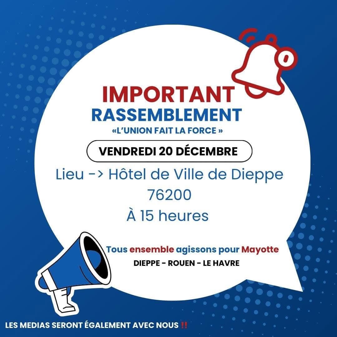 À Dieppe, les 200 étudiants ultra-marins de l’IFCASS, parmi lesquels 36 Mahorais, organisent ce vendredi 20 décembre à 15 heures devant la mairie un rassemblement de recueillement et de solidarité. Soyons à leur côté pour témoigner du soutien de la République.
#SolidariteMayotte