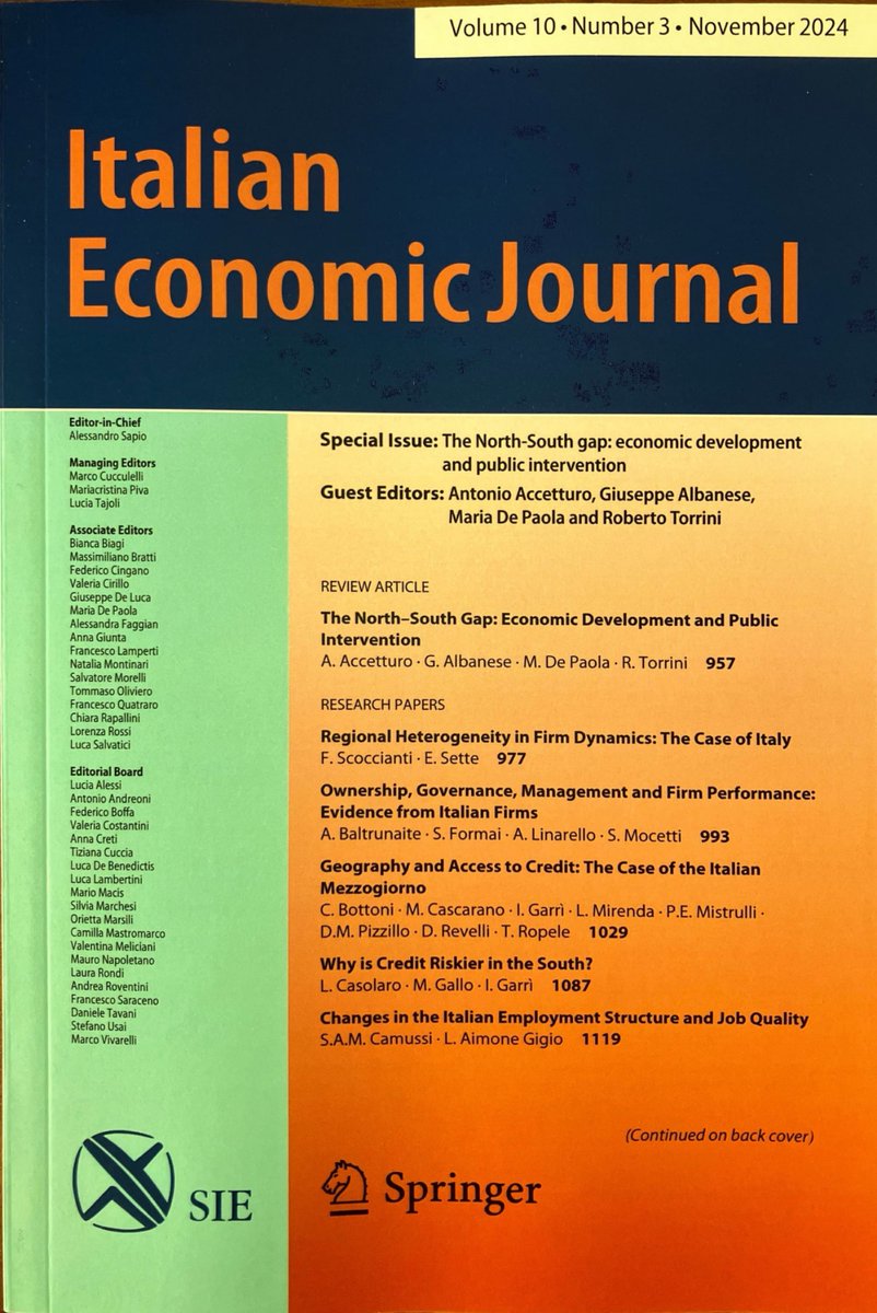 sandrosapio's tweet photo. Italian Economic Journal: special issue on the North-South gap in Italy. Articles available here: 

https://t.co/igxVgl2C5e

@sieconomisti @Springernomics https://t.co/GEYRlPk4Og