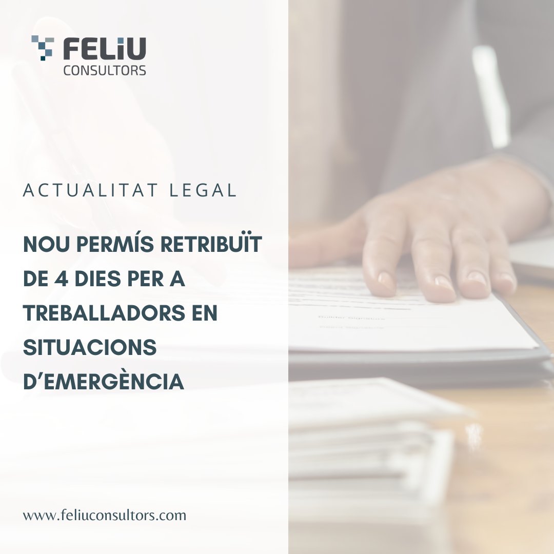 💥Nova regulació laboral: permís retribuït per emergències.

A Feliu Consultors, t’ajudem a adaptar els teus convenis col·lectius i garantir el compliment de la normativa. 

Aquí trobaràs tota la notícia a feliuconsultors.com🧑🏼‍💻

#FeliuConsultors #DretsLaborals #PermísRetribut