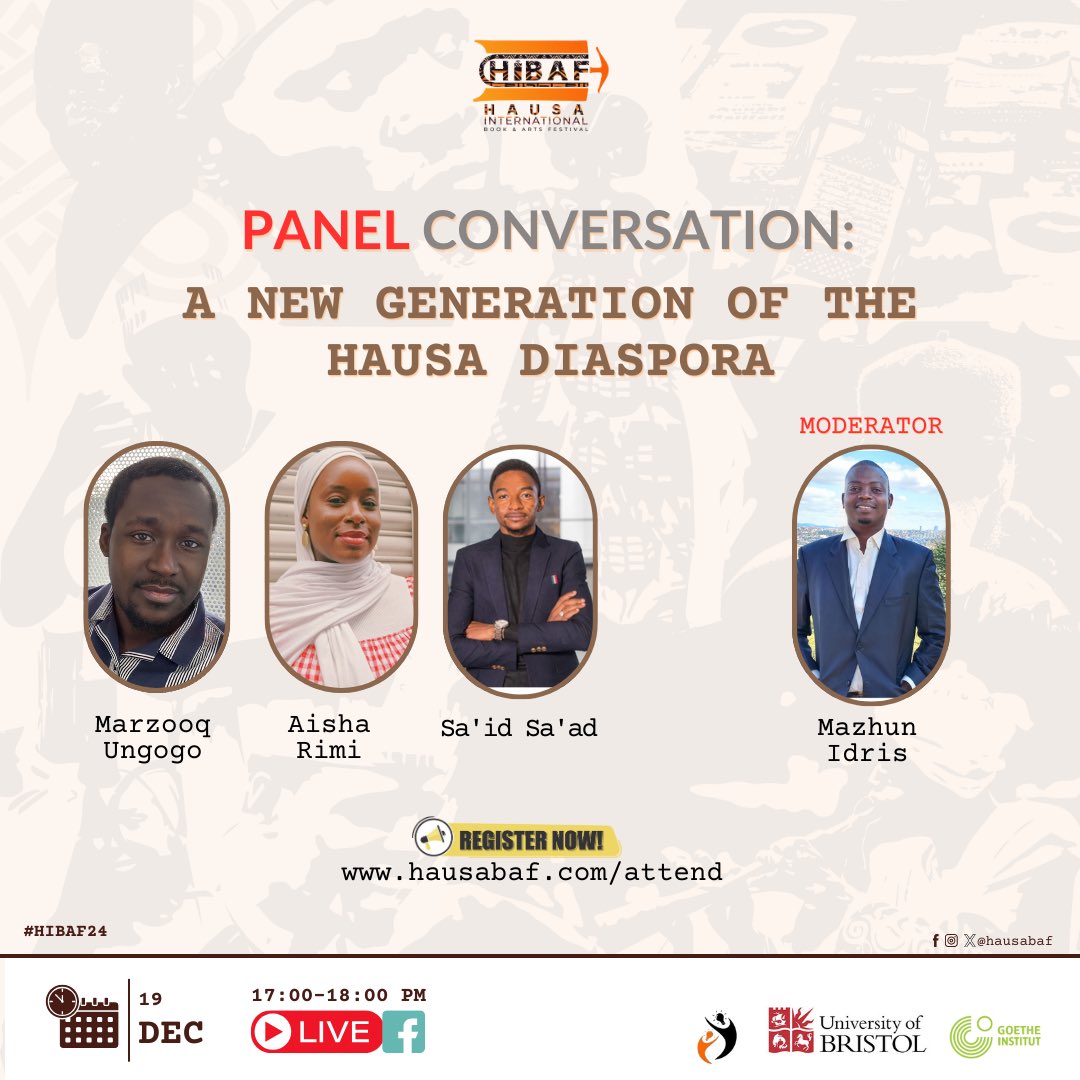 hausabaf's tweet photo. #HIBAF24 VIRTUAL PANEL ONGOING 🚨

Join the final panel discussion for today! Hausa in the diaspora, with our panelists joining in from different time zones. 
Moderated by @Mazhun, in conversation with @theaisharimi &amp; @Marzuq_Ungogo 

#HIBAF24 https://t.co/Vl59EHYrJW