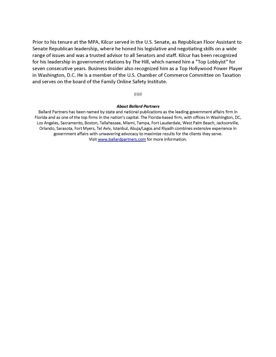 Motion Picture Industry’s Top Lobbyist Patrick Kilcur Joins Ballard Partners as a Partner in Washington, D.C.