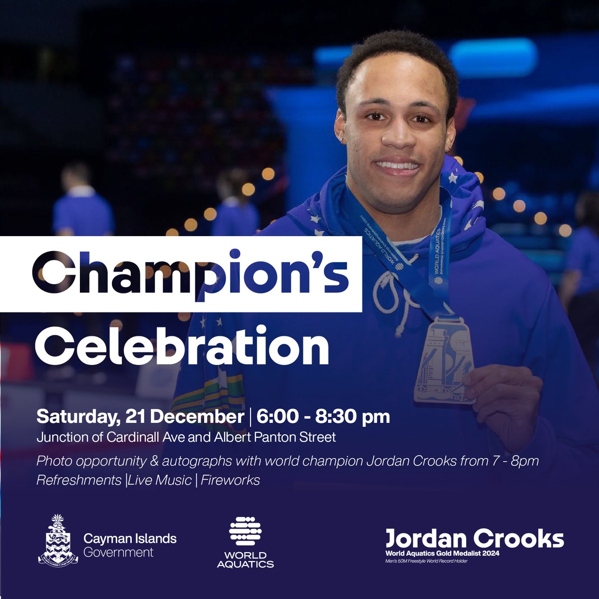 Join us as we celebrate World Champion Swimmer Jordan Crooks! 🏆🏊‍♂️

📅 Sat, Dec 21 
⏰ 6-8:30 PM
📍 Cardinall Ave &amp; Albert Panton St

Wear 🇰🇾 colours &amp; bring flags to honour Jordan! 🙌
#JordanCrooks #CaymanianProud