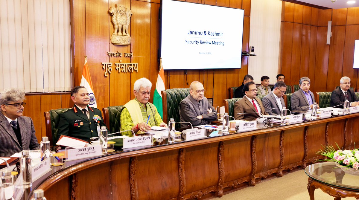 AmitShah's tweet photo. Chaired a security review meeting for Jammu and Kashmir today, along with the Lt. Governor and senior officials.
 
Under PM Modi Ji's vision of building a peaceful and secure J&K, our security agencies have nearly destroyed the terror ecosystem. Appreciated the agencies for the significant decline in terrorist incidents, infiltration, and recruitment of youth in terrorist organisations.