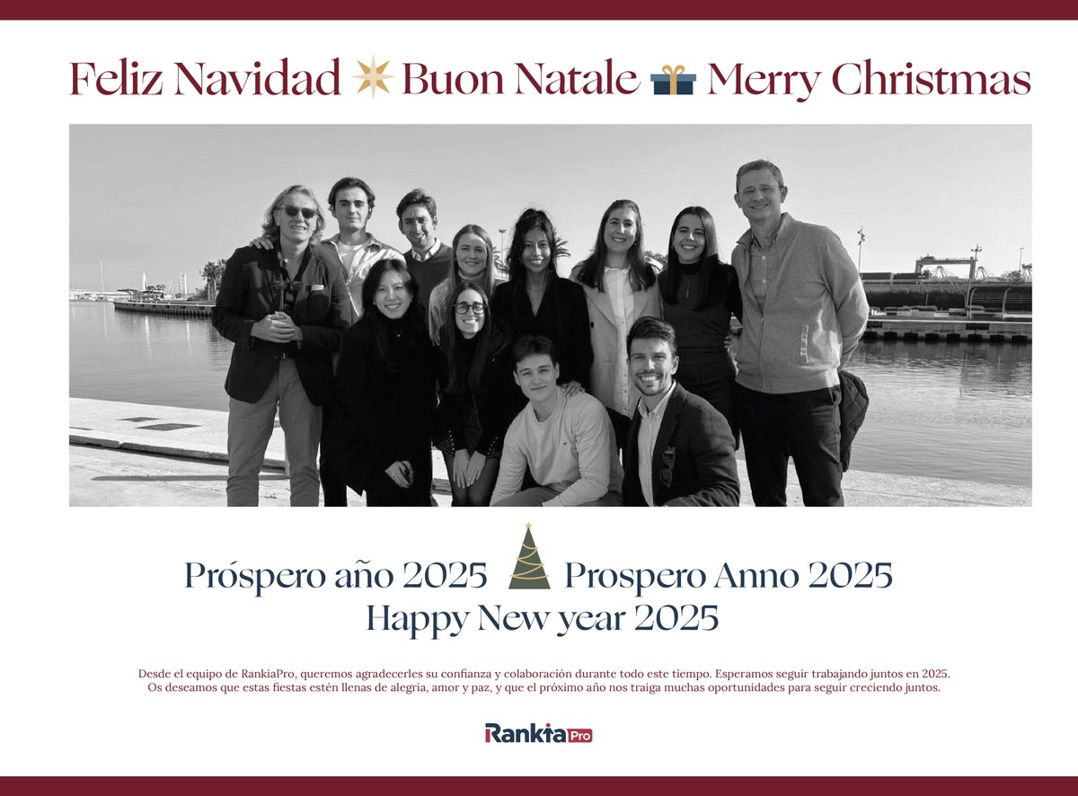 RankiaPro's tweet photo. 🎄 El equipo de #RankiaPro te desea una Feliz Navidad y Próspero Año Nuevo 🥂 Esperamos que disfrutes de estas fechas tan señalas en compañía de tus seres queridos, compartiendo momentos especiales.

🫴 Esperamos seguir a tu lado en 2025. ¡Un fuerte abrazo! https://t.co/yESokFk9BZ