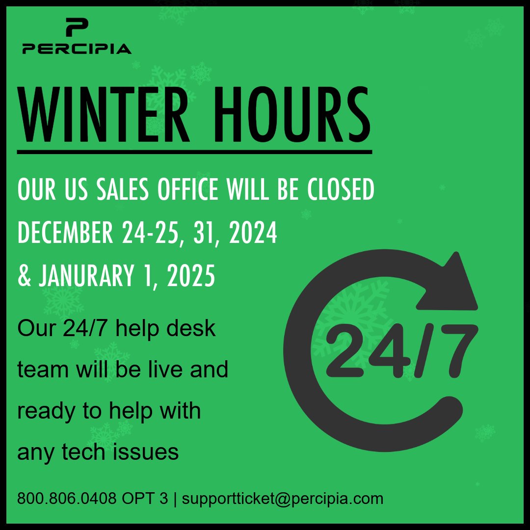 percipia's tweet photo. We would like to inform our clients that our office will be closed on December 24-25, 31, 2024, and January 1, 2025. Our 24/7 help desk team will be live and ready to help with any tech issues you may experience. Click here to contact our support team: https://t.co/DrG2pHaZAp https://t.co/yLSC7ZYOlt