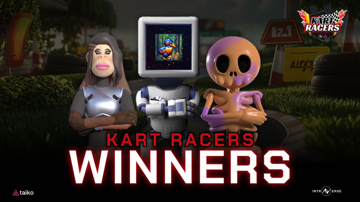 intraVerse_Game's tweet photo. 🎉 #KartRacers CHAMPIONS!

After intense racing on the track, congrats to the winners of the first #KartRacers:
🥇 @CigalePixel
🥈 @BaeApes
🥉 @cryptsocialclub

A big thank you to both @FoxyLinea and @CROAK_on_linea who took part to the final round and to all the racers!💨

Stay tuned for what’s next!🔥