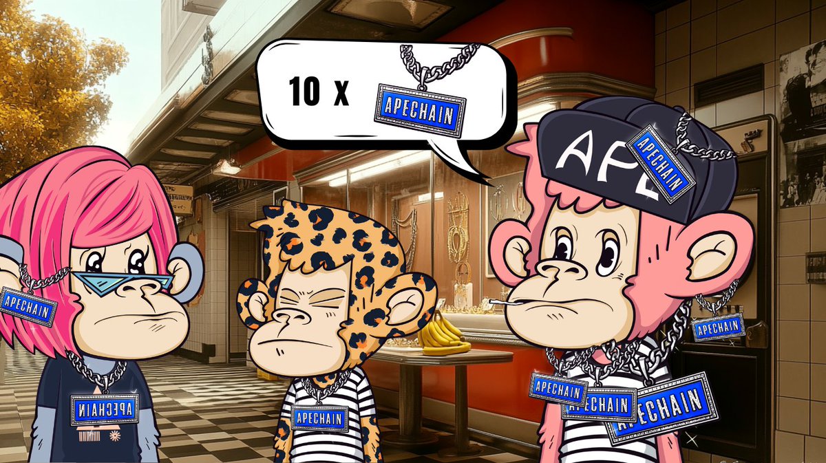 🤘🏻💎Three of the town’s most stylish apes are outside, The street is alive with a retro vibe. A vintage boom box sits on the steps blasting funky beats. Neon lights flicker above the door of "Icy Bling Emporium," casting pink and blue glows across the cracked pavement. The store