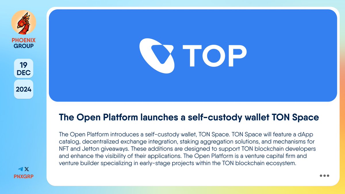 pnxgrp's tweet photo. 🔥 @TOPdotco launches a self-custody wallet TON Space  
  
#TheOpenPlatform introduces a self-custody wallet, #TONSpace. TON Space will feature a dApp catalog, decentralized exchange integration, staking aggregation solutions, and mechanisms for #NFT and #Jetton giveaways. These additions are designed to support TON blockchain developers and enhance the visibility of their applications.  
  
The Open Platform is a venture capital firm and venture builder specializing in early-stage projects within the #TON blockchain ecosystem.  
  
👉 https://t.co/zGvGpxndMr