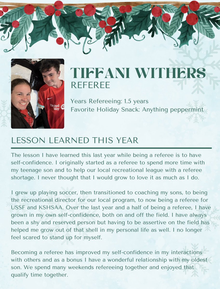 KSRefereePro's tweet photo. @ussoccer_ref @OSI_Page2 @KSYouthSoccer On the 6th Day of Refsmas, our referee Tiffani Withers learned this year.…

So each day until Christmas we ask a #KansasReferees to tell us a lesson they’ve learned throughout the past year of refereeing.

#KSRefPro #KRDP #Refsmas https://t.co/io9n20VEef