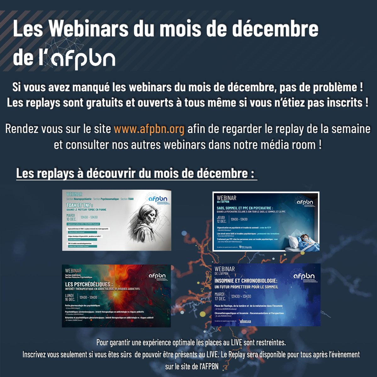 🎥 Replays des webinars AFPBN disponibles gratuitement !

Manqué les webinars de décembre ?

📌 Au programme :
🔹 "TDAH et TNF"
🔹 "SAOS et PPC en Psychiatrie"
🔹 "Psychédéliques : Thérapie vs Risques"
🔹 "Insomnie et Chronobiologie"
📲 Accédez-y ici 👉 lnkd.in/e7EUYY4j