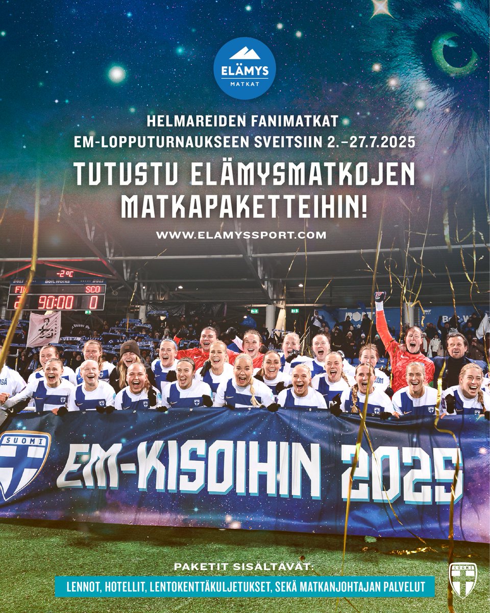 Helmareiden viralliset fanimatkat Sveitsin EM-lopputurnaukseen!

Tutustu matkapalvelukumppanimme Elämysmatkojen matkapaketteihin osoitteessa elamyssport.com/jalkapallo/hel…

Nähdään ensi kesänä Sveitsissä! 🦉🤩

#Helmarit #WEURO2025 #EURO2025 #MeOlemmeSuomi