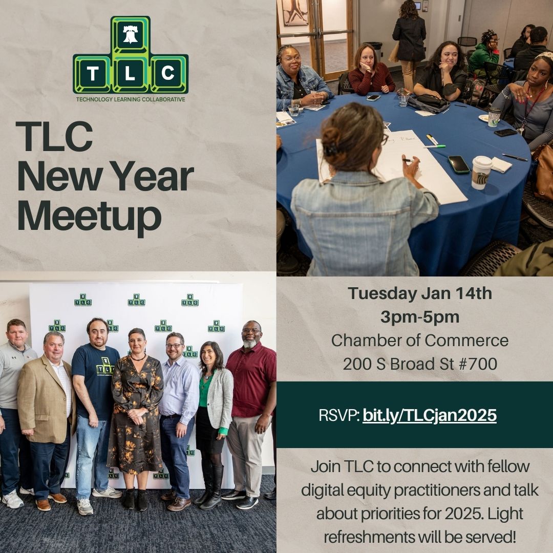 Please join TLC on Tuesday January 14th from 3pm-5pm to connect with fellow digital equity practitioners and talk about priorities for 2025. Light refreshments will be served! RSVP: eventbrite.com/e/tlc-new-year…