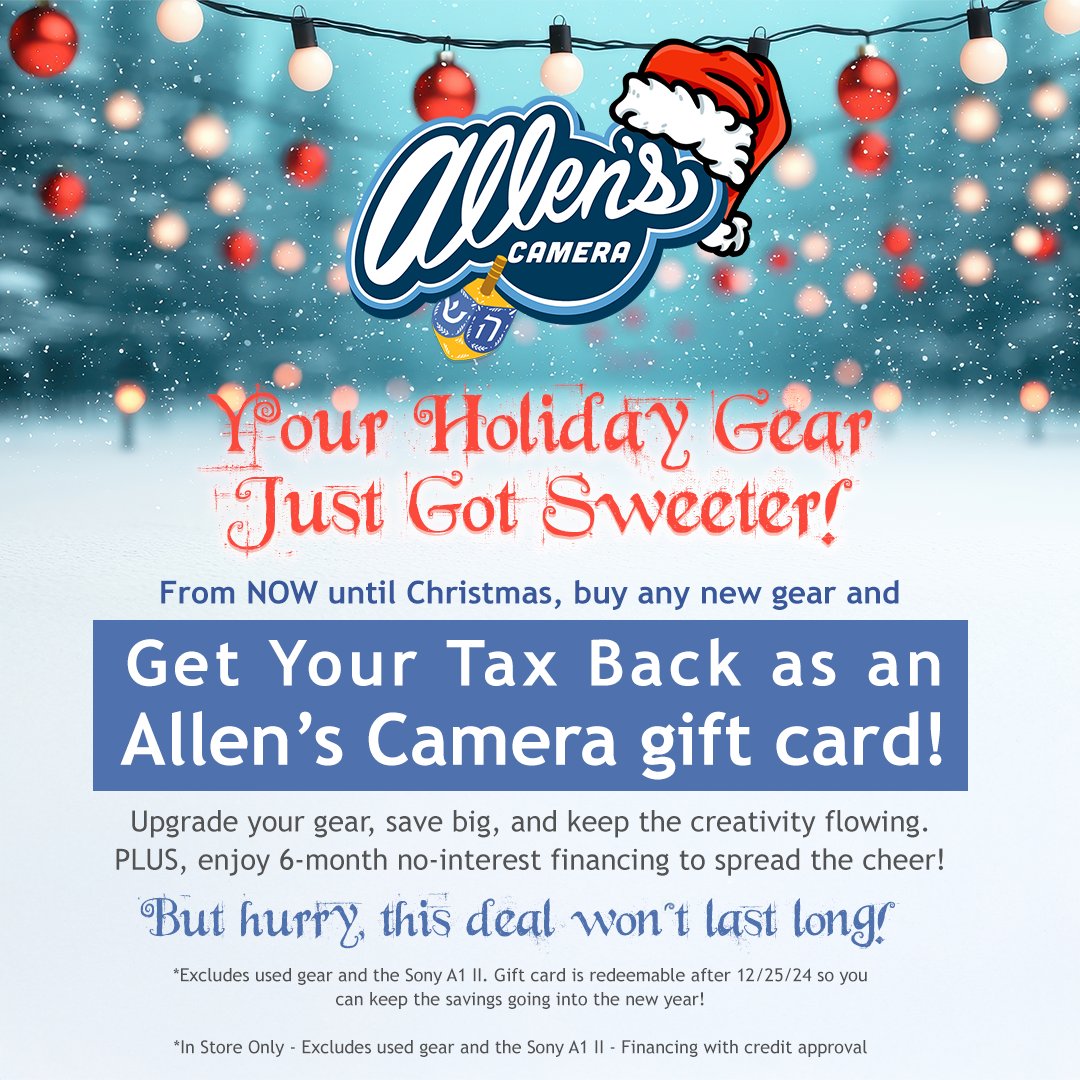 allenscameraPA's tweet photo. 🎁 Your Holiday Gear Just Got Sweeter! 🎁
From NOW until Christmas🎄, buy any new gear and get your TAX BACK as an Allen’s Camera gift card – redeemable after Christmas! 💳✨
Questions? Call us at 215-547-2841
*In store only - excludes used gear and Sony A1 II https://t.co/vWdw9344NP