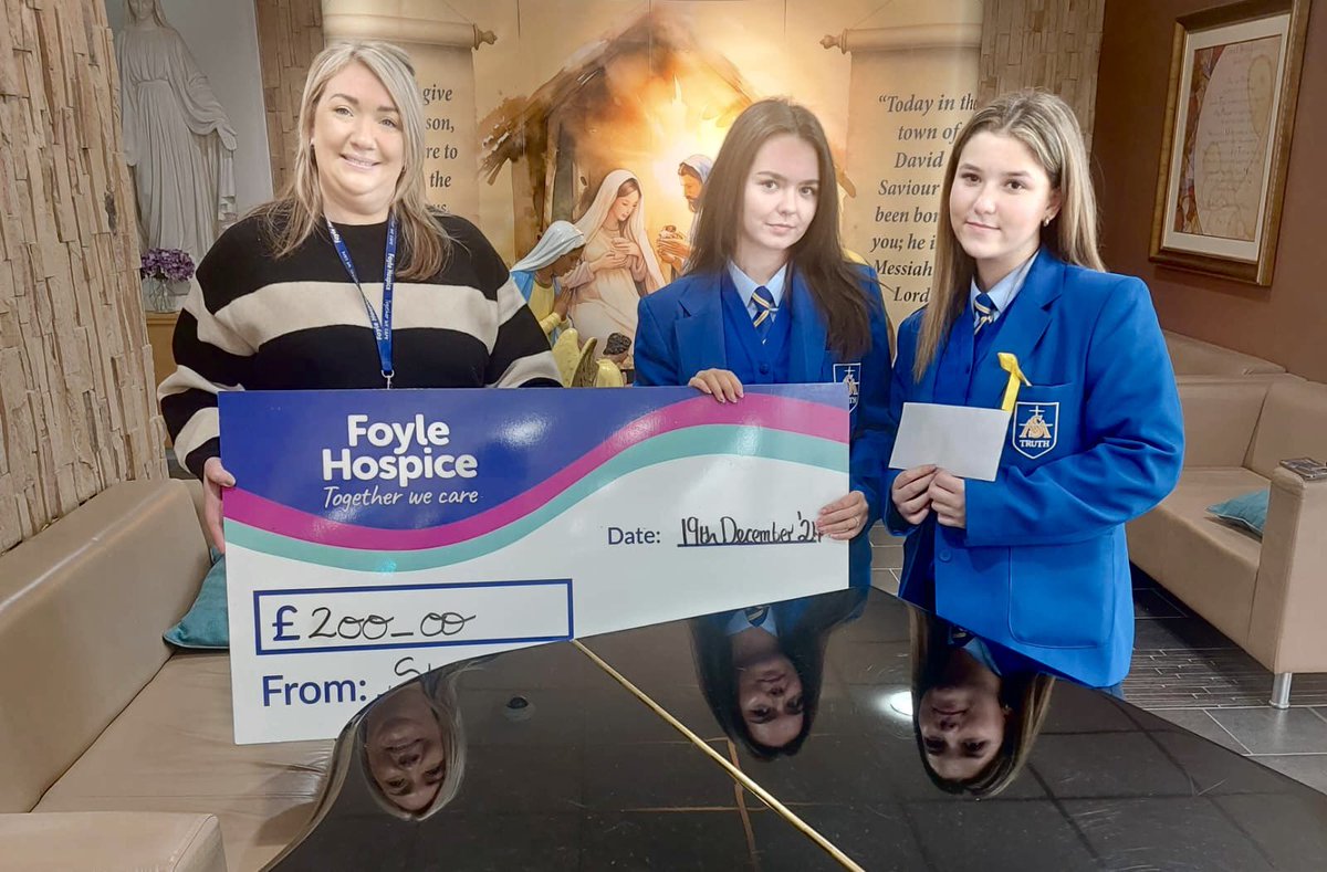 Congratulations to pupils from St Mary’s College who raised £200 for <a href="/FoyleHospice/">Foyle Hospice</a>. Included in photo are <a href="/JP2Award/">PopeJohnPauI IIAward</a> Pope John Paul II students Lainey and Millie, and Foyle Hospice Community Fundraiser, Ailbhe McDaid.
