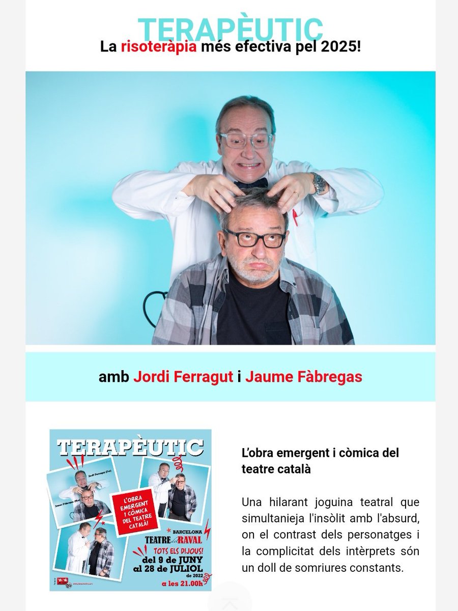ajtarroja's tweet photo. Aquest dissabte 21 de desembre, al local social de #Tarroja #Segarra a les 7 de la tarda hi haurà teatre "Terapèutic" amb Jordi Ferragut i Jaume Fàbregas. Us hi esperem!! @ajtarroja @ccsegarra @ComarquesPonent @SEGREcom https://t.co/SA5GCdfdv4