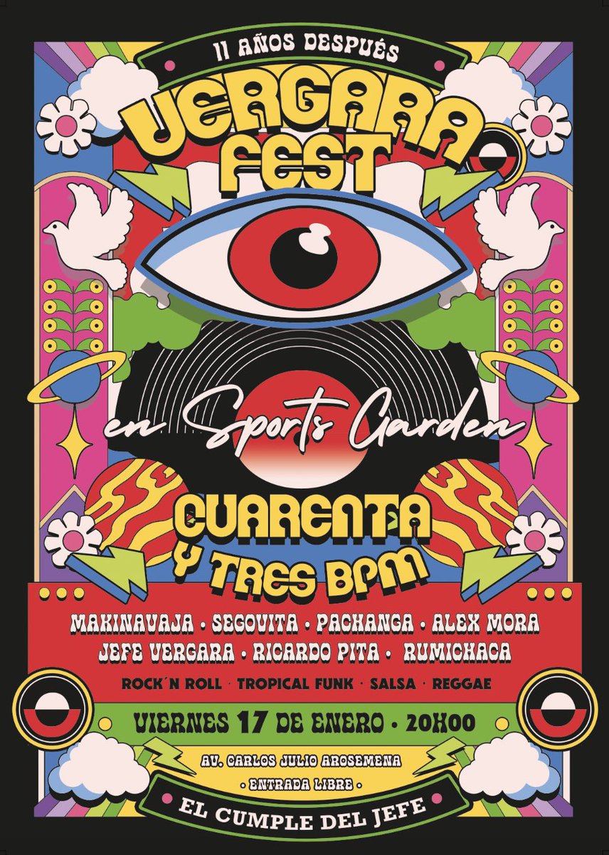 jefevergara's tweet photo. Después de 11 años vuelve el #VergaraFest 

Line up 
SEGOVITA • ALEX MORA • RICARDO PITA • JEFE VERGARA • RUMICHACA • PACHANGA!! EN VIVO!!

Viernes 17 de enero • Sports Garden • Entrada libre, yo invito!! https://t.co/E24gvchpjv