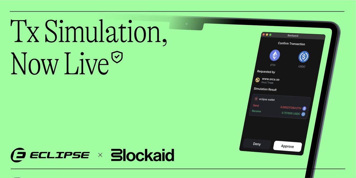 EclipseFND's tweet photo. One of the most common questions we've heard in the community the past few months has been "wen tx simulation?"

The answer is now. Transaction simulation, now live, powered by @blockaid_.

Eclipse UX up only. https://t.co/R1TzOclecW