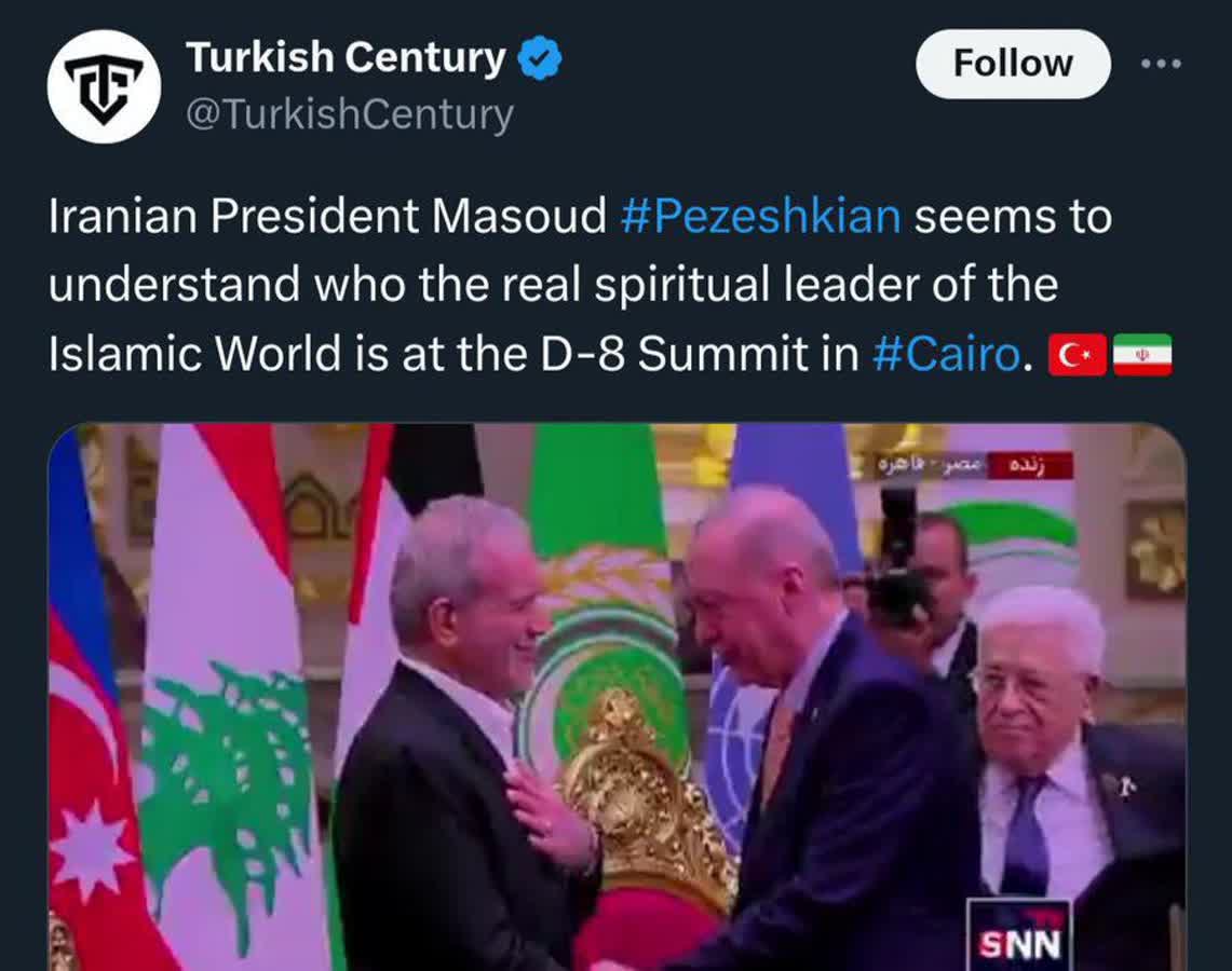 _meysam_2's tweet photo. رسانه ترکی در واکنش به دست به سینه شدن پزشکیان:‌‌ به نظر می رسد مسعود پزشکیان رئیس جمهور ایران متوجه شده است که رهبر واقعی جهان اسلام کیست. 
رهبر؟! 🤔 اردوغان کفشِ پزشکیان هم نیست https://t.co/Q6PRfP2AF6