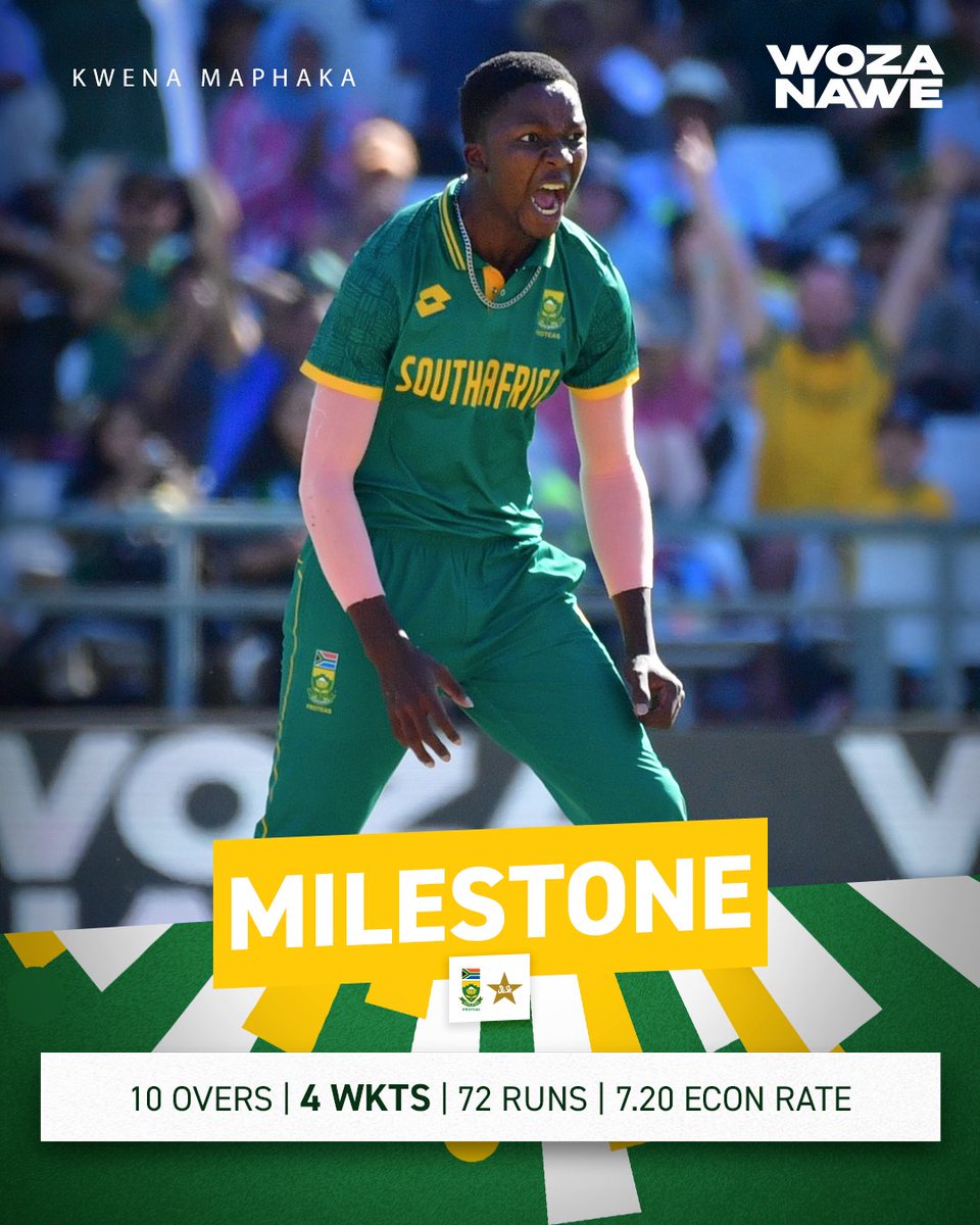 Maphaka on Debut✨

Kwena Maphaka bagged himself 4️⃣ key wickets on his ODI debut!🇿🇦

Brilliant bowling from the promising 18-year-old.👏😃

#WozaNawe 
#BePartOfIt #SAvPAK
