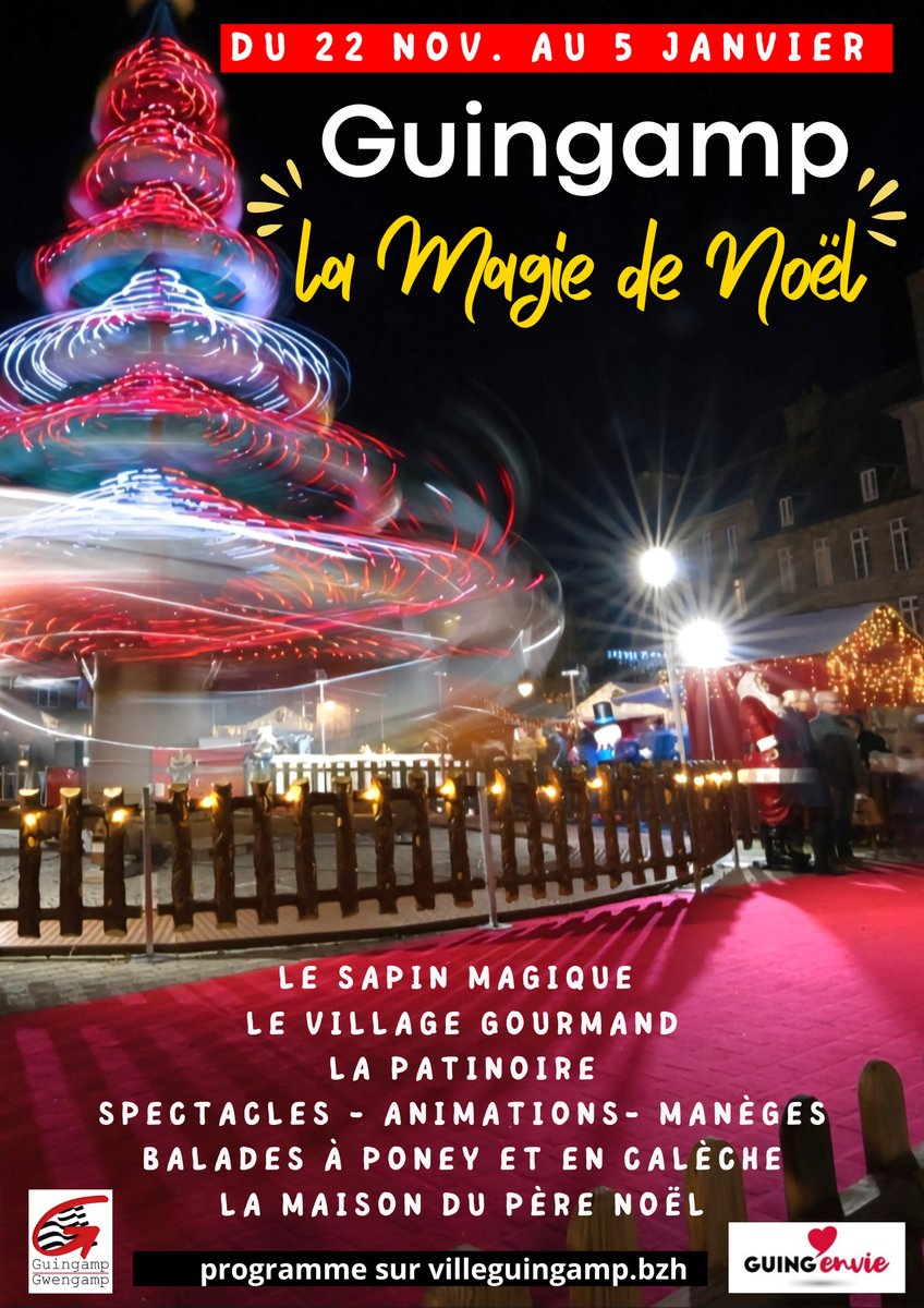 La magie des fêtes au cœur de notre belle ville! Animations diverses, décorations féeriques, marché de Noël , gourmandises, et idées cadeaux pour petits et grands… #Guingamp vous promet des moments inoubliables!  #MagieDeNoël #MarchéDeNoël #ShoppingLocal #EspritDeFête