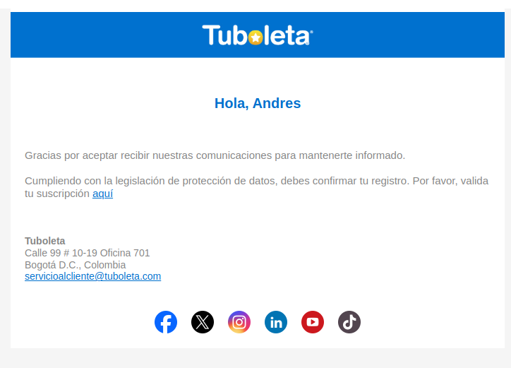AvasquezCO's tweet photo. @sicsuper Que buen modo operandi de @Tuboletaoficial para vender tus datos a terceros. De envian un correo para verificar tu cuenta, pero realmente es para decir que aceptas publicidad y datos de tercero. Póngale ojo. En el correo NUNCA dice que es para usar mis datos. https://t.co/sv0nfX1rZ5