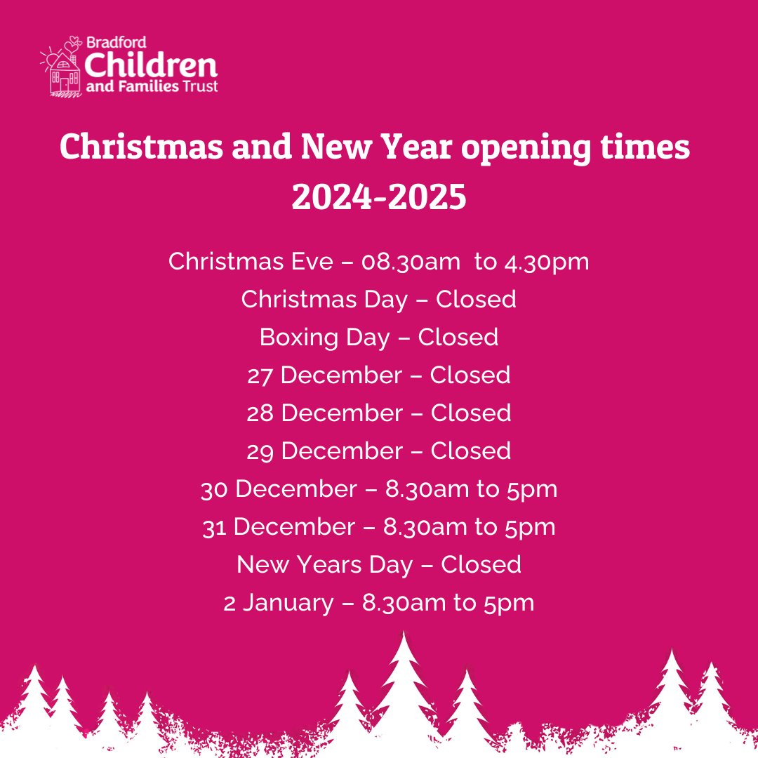 Please take note of our office and Family Hub opening hours over Xmas. Concerned about a child, call 0800 9530966 in office hours or online bit.ly/bcftportal
In emergencies outside of office hours call 01274 431010
Child at immediate risk of harm, call the Police on 999.