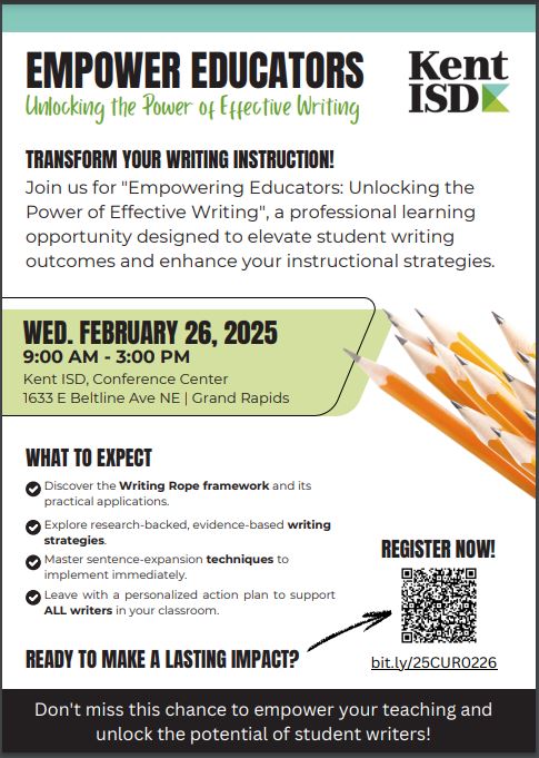 KISDlitcoach's tweet photo. Join us for this Writing PD session at @kentisd  in February 2025 - 'Empowering Educators: Unlocking the Power of Effective Writing' will provide educators with the tools and strategies to elevate student writing outcomes.  #MichiganLiteracy

https://t.co/7CLybgmpSS https://t.co/2g6Ud8ZaPl