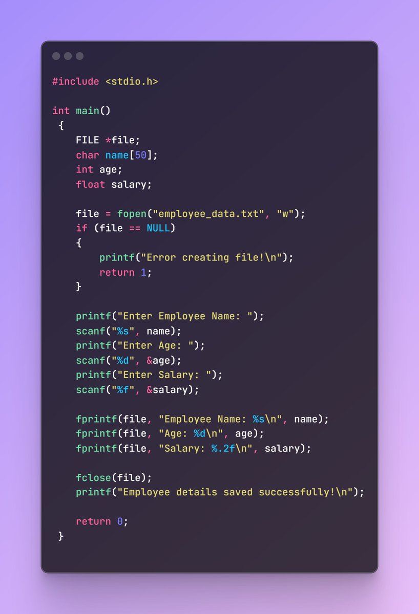 saransh_dutta's tweet image. 💼 Turning code into HR mode!
📝 Learn how to store employee details in a file using C. This little step paves the way for managing data like a pro. Let’s code, record, and repeat! 🚀
#CodeForLife #CProgramming #FileHandling
#TeenTech #CodingJourney