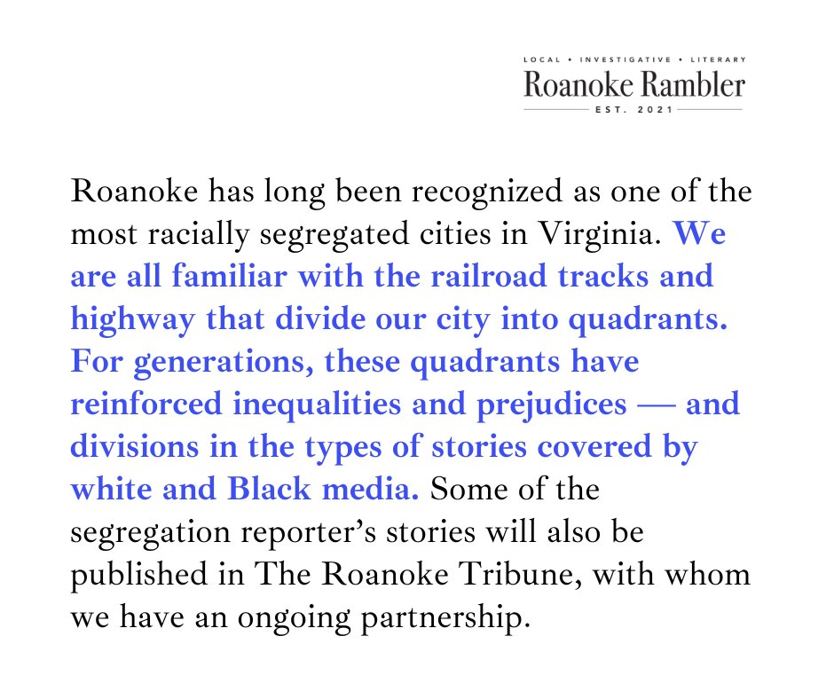 roanoke_rambler's tweet photo. We're partnering with @Report4America to bring a reporter covering residential segregation to our community! We're one of 66 local news outlets nationwide to be a 2025 host newsroom.

Learn in our editor's letter about the beat and how you can contribute: Link in reply. https://t.co/AOPqGVAD6l