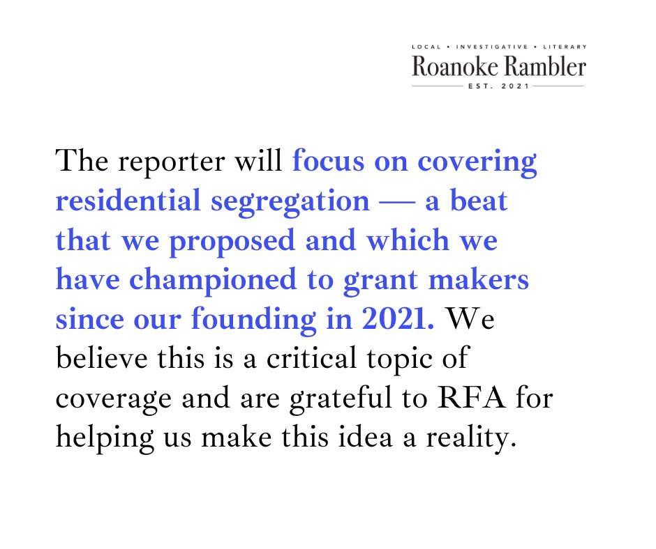 roanoke_rambler's tweet photo. We're partnering with @Report4America to bring a reporter covering residential segregation to our community! We're one of 66 local news outlets nationwide to be a 2025 host newsroom.

Learn in our editor's letter about the beat and how you can contribute: Link in reply. https://t.co/AOPqGVAD6l