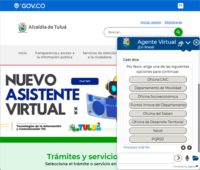AgentiChatbots's tweet photo. Nos complace anunciar nuestro nuevo #chatbot, el Asistente Virtual de la Alcaldía de Tuluá!... conoce cómo Gabi te puede orientar sobre sus servicios desde la página web https://t.co/ICxAjmPYiY
@AgentiChatbots https://t.co/dY1ghKi96d