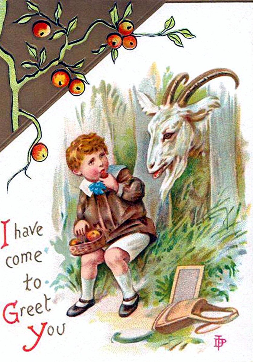 Tom_Rowsell's tweet image. 🧵 Some charming Victorian Xmas cards with festive motifs that are less popular these days. First, the Yule goat 🐐