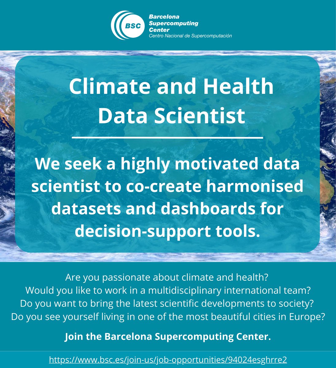 drrachellowe's tweet image. The @BSC_CNS Global Health Resilience group is looking for a Climate &amp;amp; Health Data Scientist to support our @wellcometrust funded digital technology projects #HARMONIZE_tools and IDExtremes. Application details here:
bsc.es/join-us/job-op…