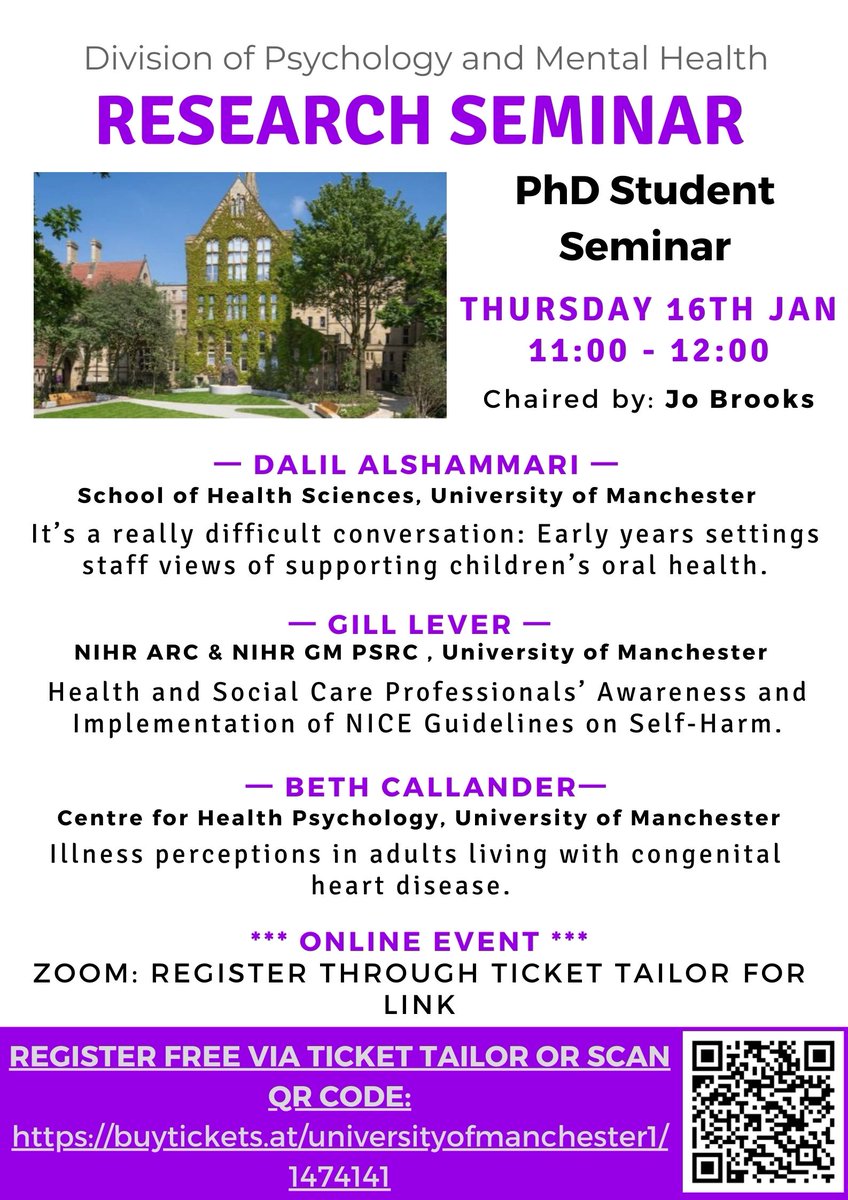 This month we welcome 3 of our <a href="/FBMH_UoM/">UoM Biology, Medicine and Health</a>
PGRs,  Dalil Alshammari, Gill Lever and Beth Callander. They will be presenting their research findings:  
📆16th Jan, 11-12 GMT *free virtual seminar* 
For more information and booking see: tickettailor.com/events/univers…