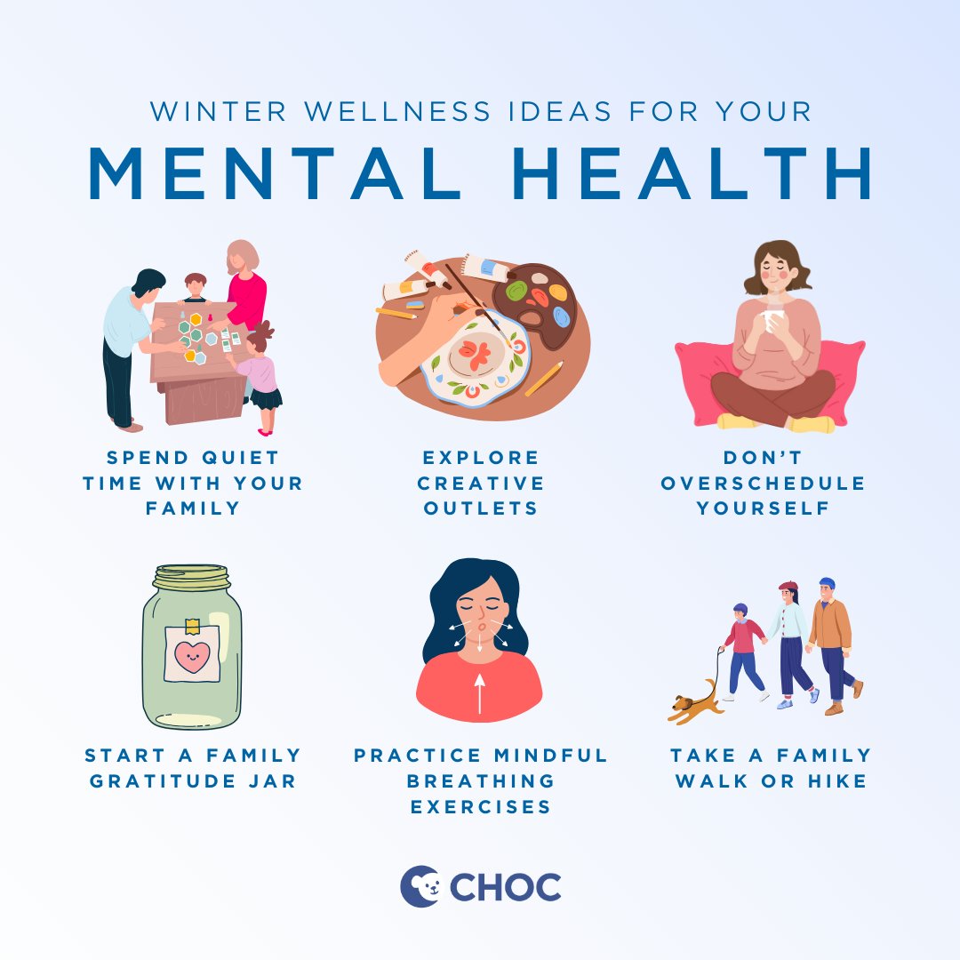 chocchildrens's tweet photo. The holiday season can be busy and sometimes overwhelming. Keep these winter wellness ideas in mind to help lower anxiety and reduce stress.

Find more tips and resources to support your and your child's mental health ⤵️
https://t.co/xvB4eg2yWA https://t.co/TX1pHzOsz7