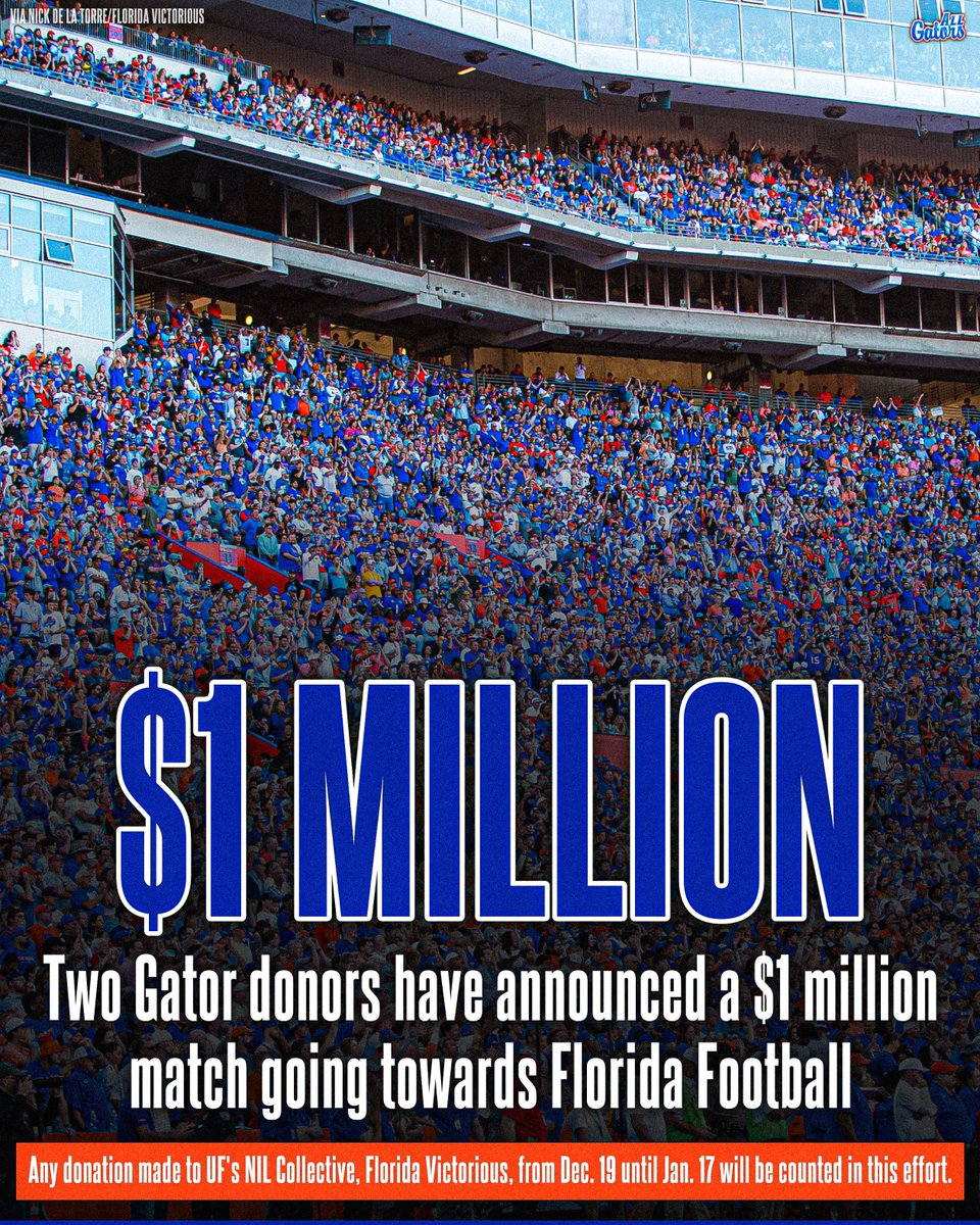 Two Gator donors have pledged a $1 million match that will go towards Florida’s NIL Collective. 🐊🔥

(Via <a href="/delatorre/">Nick de la Torre</a>/<a href="/Fl_Victorious/">Florida Victorious</a>) 
📸: <a href="/GatorsFB/">Florida Gators Football</a>