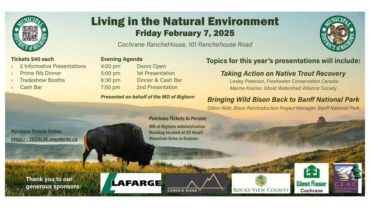 Living in the Natural Environment 2025 - Registration is now open!

When: February 7th, 2025
Where: Cochrane RancheHouse, 101 Ranchehouse Road
Tickets: $40.00 per person

Tickets can be purchased at: 2025lne.eventbrite.ca

Tickets will be available until January 29th, 2025.