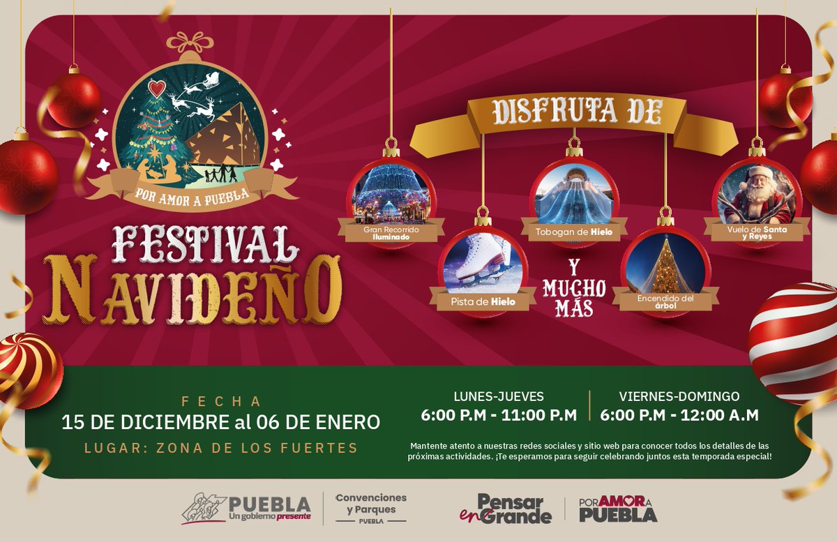 RRAtlixco's tweet photo. *Revive esas navidades mágicas.✨
La primera edición del "Festival Navideño Por Amor a Puebla".
*En el Fuerte de Loreto.
*Del 15 de diciembre al 06 de enero.
*Lunes a jueves de 6 de la tarde a 11 de la noche y de viernes a domingo de 6 de la tarde a 12 de la noche.

#radioenredes https://t.co/Q7rrhDE2ZZ