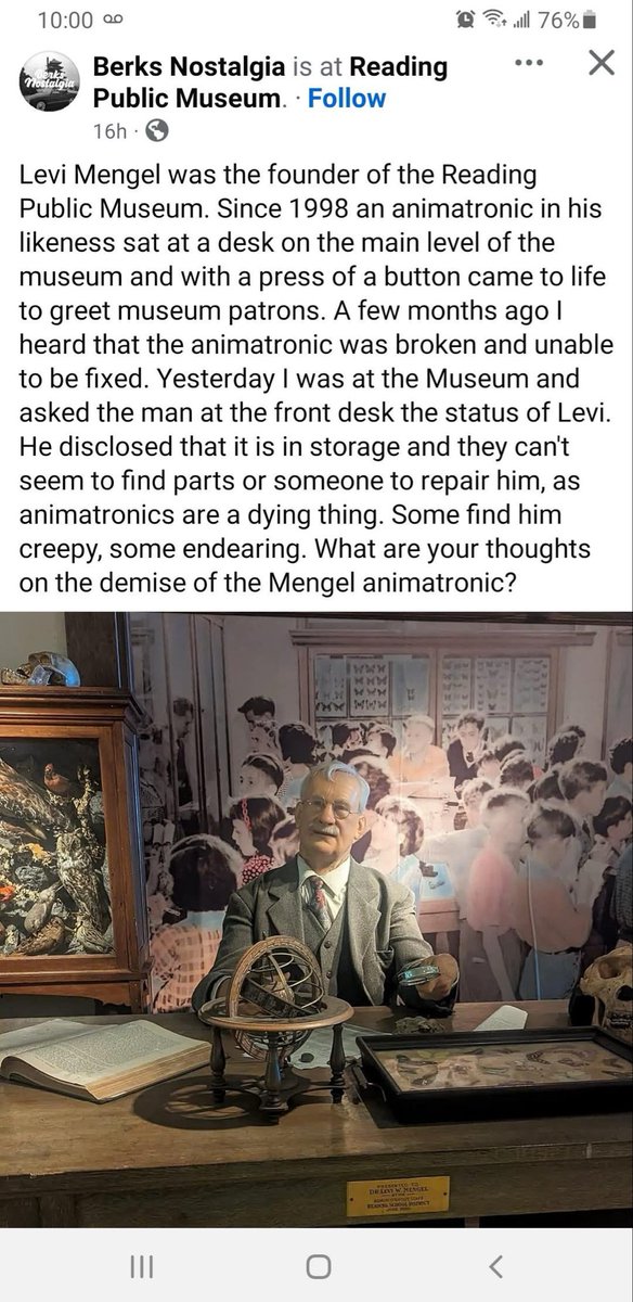 T1M07HY's tweet photo. They say we all die twice. First when we take our final breath, and a second time when the air compressor that powers the janky robot in your likeness craps out at a small museum. https://t.co/r4YDxJatMz