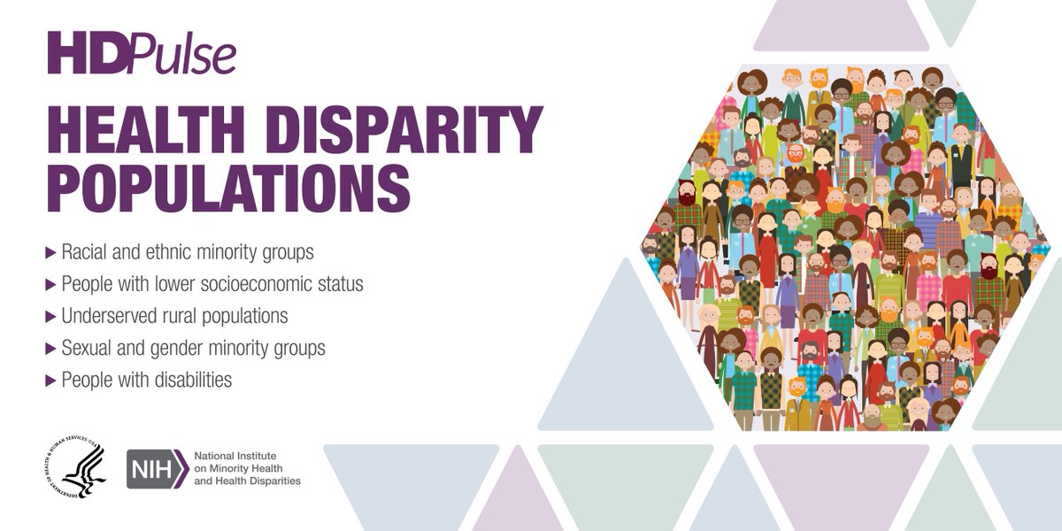 NIMHD's tweet image. What are the health disparity populations covered in #HDPulse? Visit HDPulse to access minority health and #HealthDisparities data and interventions about your population of interest: bit.ly/4cIuuPA