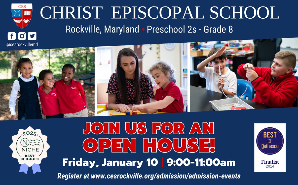 The New Year will be here soon, and there's no better time to come check out CES! ❤️🤍 Join us for an Open House on Friday, January 10, 2025 from 9:00-11:00am.

🗓Register at cesrockville.org/event/school-s…