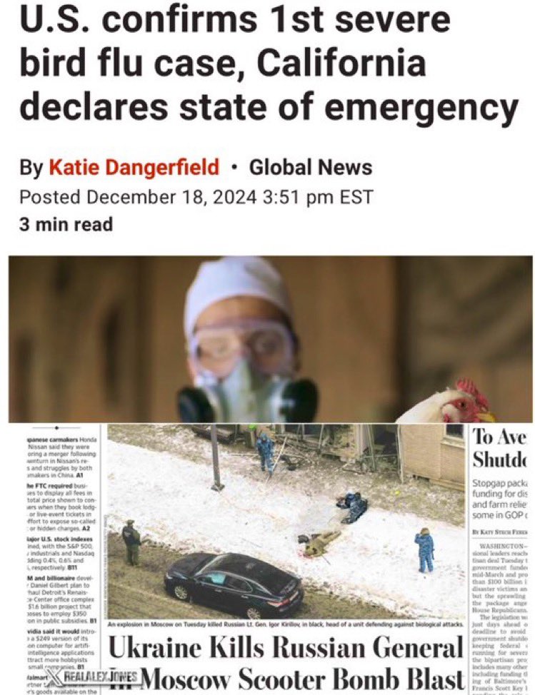 DaCorti's tweet photo. USA confermano il primo grave "caso di influenza aviaria" mentre la California dichiara lo stato di emergenza... subito dopo che le forze ucraine hanno ucciso un generale russo che avvertiva come gli USA avrebbero attaccato i propri cittadini con la guerra biologica.
#coincidenze https://t.co/7NZi4hHIVh