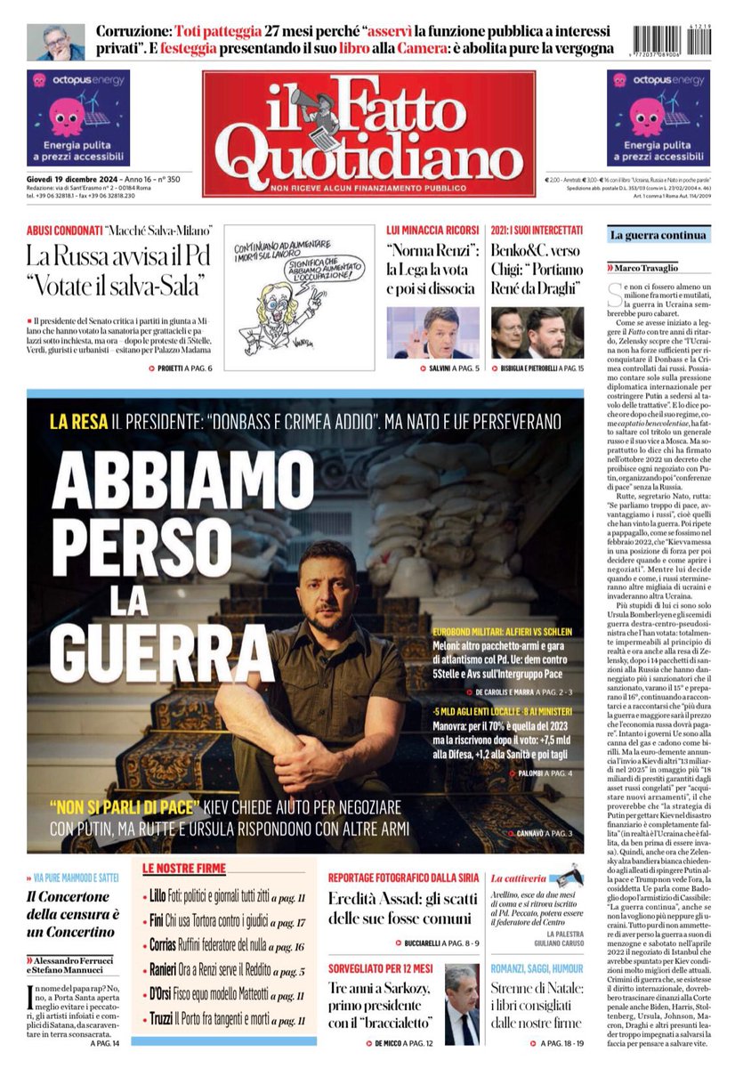 marsetac's tweet photo. Se @marcotravaglio non fosse ormai ridotto ad una macchietta da avanspettacolo, lo si dovrebbe forse internare per manifesta incapacità di intendere e di volere, dopo che, ripetendo come un disco rotto ogni giorno tutto il rosario della propaganda putiniana, dimostra di vivere in un mondo fantastico in cui i russi sono buoni e così invincibili da aver piegato l'Europa e la NATO in un colpo solo.

Purtroppo per lui la realtà è che in tre anni Putin non è riuscito a vincere una guerra che avrebbe dovuto chiudere in tre giorni. In compenso può vantarsi di aver perso 700 mila suoi concittadini (leggasi sudditi) tra morti e feriti, aver devastato l'economia del suo paese, essere diventato un latitante in 123 paesi, aver reso russofobe decine di nazioni che fino al 2022 compravano da lui petrolio e gas, aver triplicato i confini di una NATO che voleva tenere lontana e aver perso la Siria e con essa gli unici sbocchi nel Mediterraneo.

Tutto questo e molto altro in cambio di uno scarso 20% di un paese che aveva un quarto dei suoi abitanti e un decimo del suo PIL, territori che si è premurata di bombardare, ridurre in macerie e disseminare di fosse comuni e che quindi dovrà a sue spese sminare, bonificare e ricostruire.

Dati che bastano da soli a far sorridere (si fa per dire) mentre Travaglio, da quella succursale del Ministero della Propaganda del Cremlino che è ormai diventato il @fattoquotidiano, si sbraccia per alimentare il mito dell'invincibilità della Russia, che pure tutto riesce a fare fuorché vincere, anche quando combatte con un avversario grande la metà della metà di lei e con una mano legata dietro la schiena, ma semmai solo ad aumentare le aree che tiene sotto occupazione militare e che nessuno riconoscerà mai come russe.

Ma nella sua versione distorta della realtà succede anche che sia un decreto di Zelensky ad impedire la pace e non i bombardamenti di Putin, mentre i colloqui di Istanbul sono falliti per le goliardate di Boris Johnson e non perché, come provato dal New York Times, la Russia ha provato ad infilare in quegli accordi una clausola, che evidentemente per lui non è poi così paradossale, che concedeva proprio a Mosca, l'aggressore, il potere di veto sull'eventuale diritto di difesa dell'Ucraina, l'aggredito.

Ma tanto basta a far scrivere al nostro che pare quasi che Zelensky abbia letto con tre anni di ritardo il @fattoquotidiano, visto che è da tempo che loro queste pillole di saccenza le dispensano ogni giorno. Mi permetto anche su questo di dissentire sommessamente, visto che, se così fosse, il presidente ucraino starebbe ancora aspettando l’invasione, definita da Travaglio, 24 ore prima, una fake news, e magari avrebbe creduto anche lui che quella in Donbass era in realtà una guerra civile e non un’invasione come invece tutti, tranne Travaglio e una manciata di dittature, hanno ampiamente riconosciuto.

Su questo racconto del nostro Goebbels in salsa 5 Stelle, che continua imperterrito a confondere i suoi sogni con la realtà, potrei continuare a lungo. Anche se credo sia più utile chiedere al caro Direttore di porsi per un attimo nella prospettiva in cui le cose vadano effettivamente come lui e Putin si augurano, cioè con il congelamento del conflitto e la cristallizzazione delle occupazioni militari dei 4 oblast' (non l'annessione, che il diritto internazionale non consente). Con un'Ucraina in pace finalmente candidata ad entrare nell'UE e nella NATO e le sanzioni contro Mosca che diventano perenni, facendo esplodere i già vistosi squilibri dell'economia russa, gli stessi che all'epoca fecero cadere l'URSS, tagliandola fuori per sempre dalle rotte commerciali delle maggiori economie del mondo, è così sicuro che sarebbe Zelensky ad aver perso la guerra e Putin ad averla vinta?