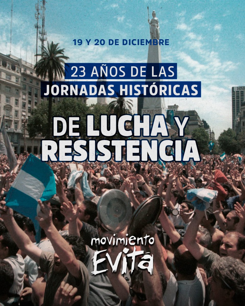 MovimientoEvita's tweet photo. A 23 años de las jornadas históricas de lucha del 19 y 20, seguimos resistiendo contra el ajuste y la exclusión! https://t.co/hLqI53ccKt