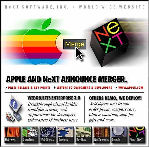 An image with the headline "Apple and NeXT Announce Merger." The Apple and NeXT logos are seen near the top of the image, with a mouse pointer in between them, clicking on a button that says "Merge"