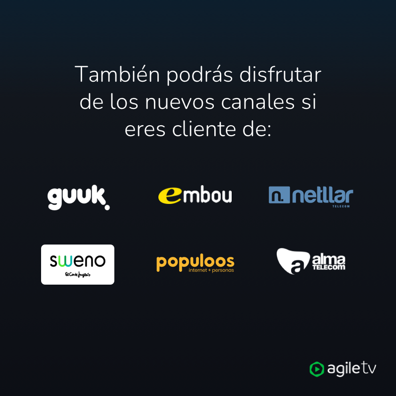 Ahora todos los clientes de TV Premium y TV Premium Extra cuentan con nuevos canales en tu #AgileTV 📺

¡Disfrútalos un montón! 😄

¿Cuál te hace más ilusión? 😍