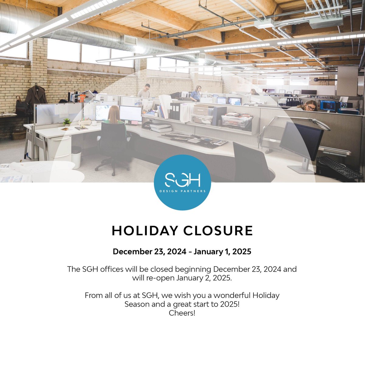 SGHDP's tweet image. The SGH offices will be closed beginning December 23, 2024 and will re-open January 2, 2025. From all of us at SGH, we wish you a wonderful Holiday Season and a great start to 2025!

Cheers!