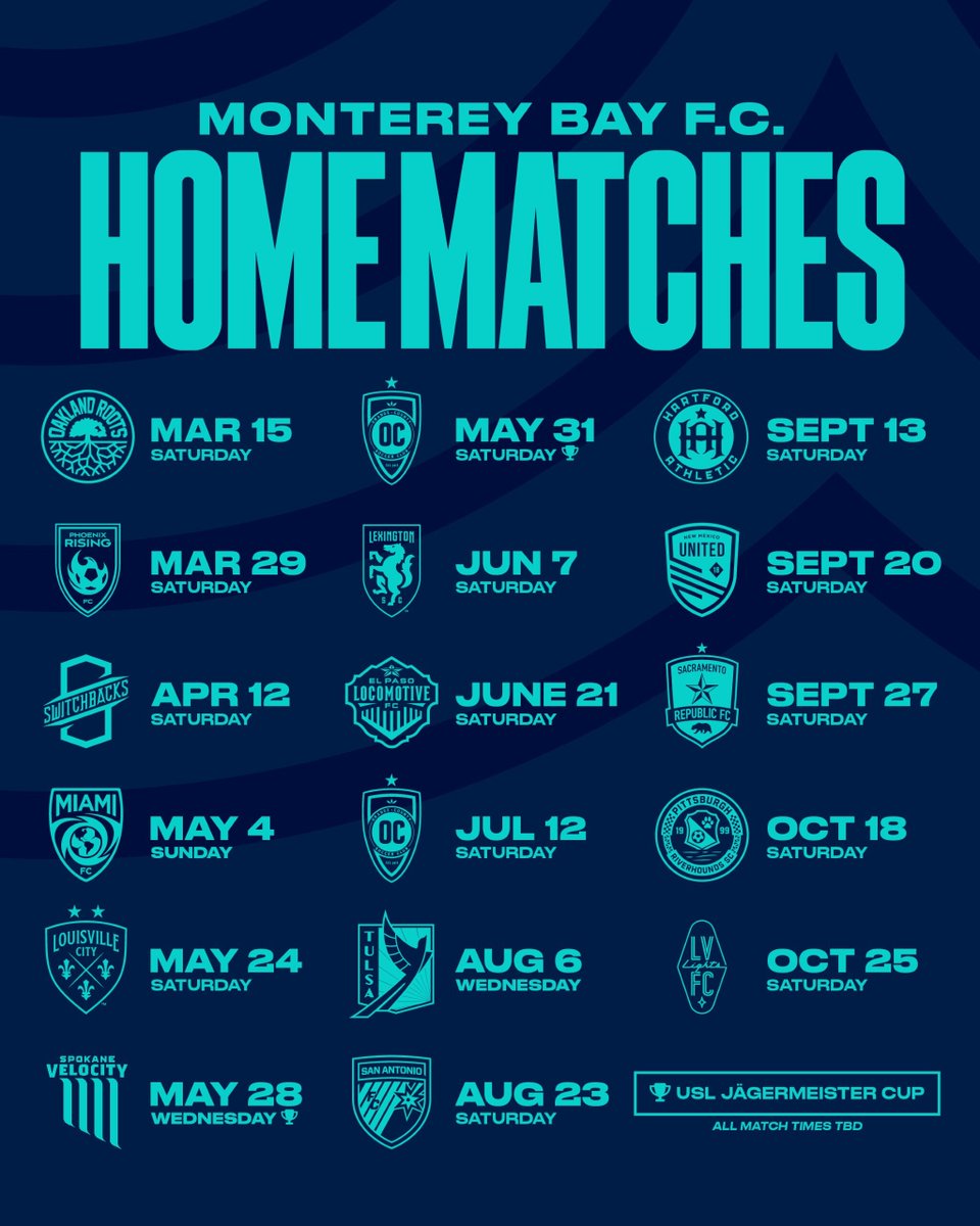 MontereyBayFC's tweet photo. 📅 The 2025 schedule is here!

We'll be taking part in the 2025 USL Jägermeister Cup 🏆

🔗 Read more » https://t.co/p4w4Qh8r95
🎟️ Season tickets » https://t.co/VO1RE7G9LT https://t.co/4pS6ZFDu8n