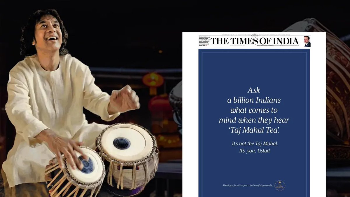 prawasitv's tweet photo. Full page ad on Zakir Hussain from Taj Mahal Tea!
Homage to Ustad ! #ZakirHussain #TajMahalTea https://t.co/ed3l8y8EMD